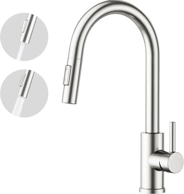AICA Küchenarmatur mit ausziehbarer Säulenbrause in Silber, gebürsteter Edelstahl, 360 Grad drehbar mit zwei Wasserauslassmodi - Bild 1