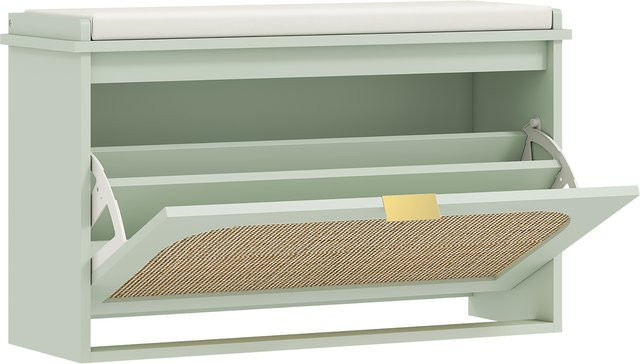 HOMCOM Schuhbank für den Eingangsbereich im Boho-Stil mit Rattan-Tür und gepolsterter Sitzfläche, Farbe: Grün, B/T/H: 80 x 26 x 47,5 cm - Bild 1