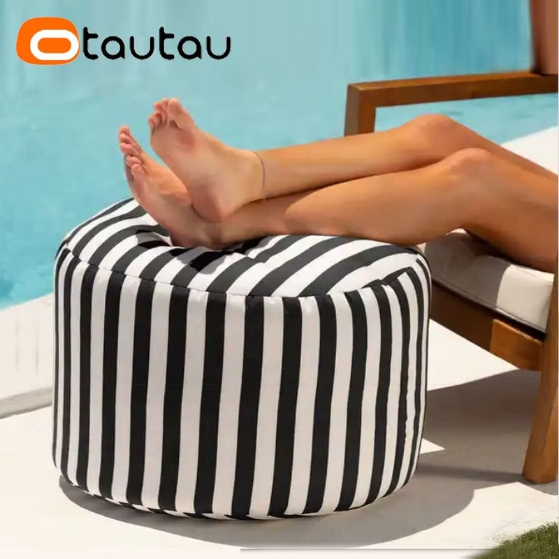 OTAUTAU Outdoor Big Bean Bag Pouf Cover Grau Gestreift, Runde Ottomane und Fußstütze für den Außenbereich (ohne Füllung) - Bild 4
