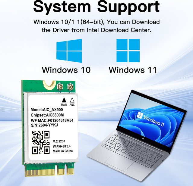 AIC8800M WiFi 6 AX900 Dual Band Wireless Adapter und Bluetooth 5.4 M.2 2230 Netzwerkkarte für Laptop und Desktop, Windows 10/11, Grün - Bild 1