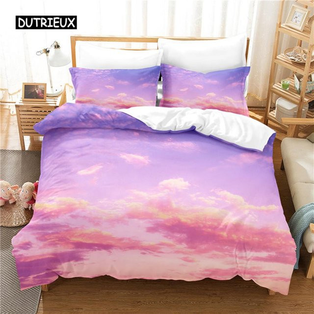 Bunte Wolken Bettwäsche Set mit 3D Digitaldruck in Multicolour und Purple, 3-teilig aus Mikrofaser, B/H: 150 x 200 cm - Bild 1