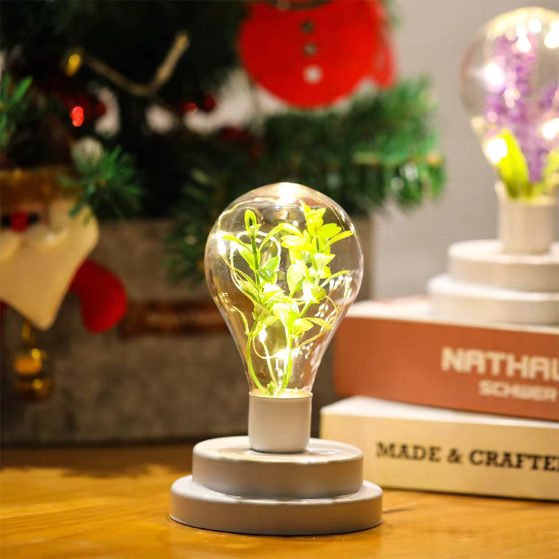 Batteriebetriebene LED-Nachtlampe in Form einer grünen Pflanze mit Kupferdraht und transparentem Glaskugelsphäre für Kinderzimmer und Schlafzimmer - Bild 2