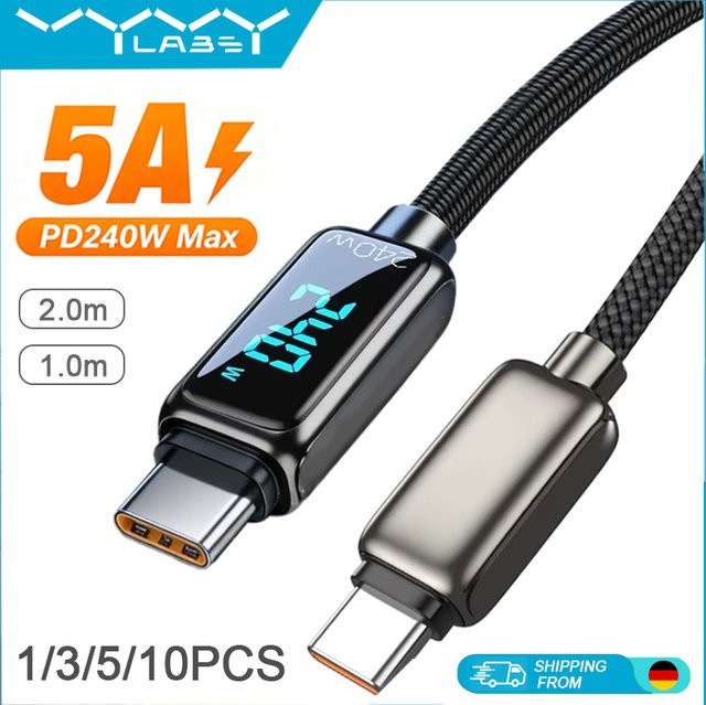 Vyvylabs Typ-C-auf-Typ-C-Ladekabel mit Digitalanzeige 240W in Schwarz - Bild 1