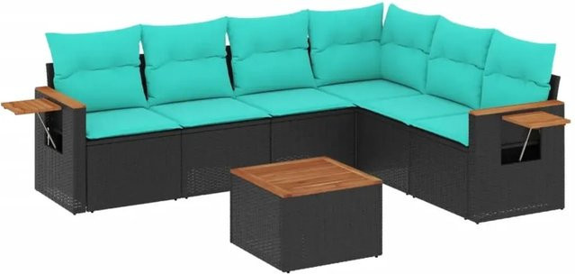 vidaXL 7-tlg. Garten-Sofagarnitur in L-Form aus Polyrattan mit Kissen und Couchtisch, Schwarz und Blau - Bild 1