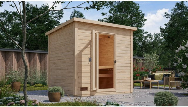 Karibu Saunahaus Arvi 3 Set aus Fichte in Braun mit 9 kW Ofen und externer Steuerung - Bild 1
