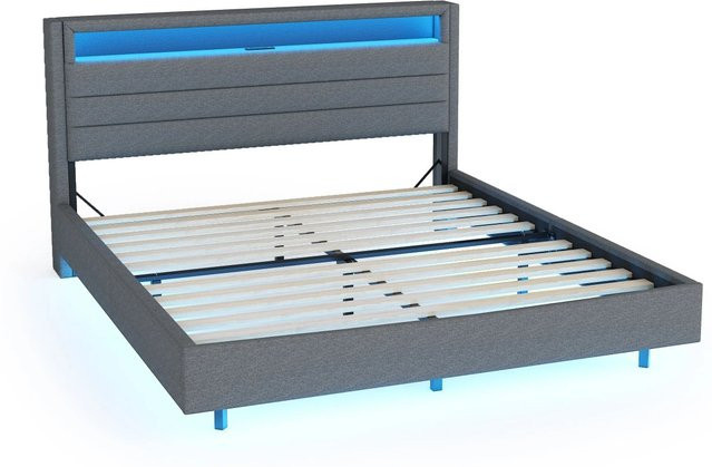 okwish Polsterbett Grau mit USB-Anschluss, LED-Beleuchtung und wendbarem Kopfteil, B/T/H: 160 x 200 x 108 cm - Bild 1