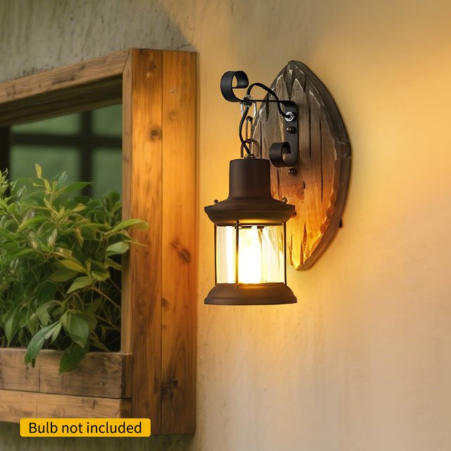Vintage Wandleuchte im Retro Industrie Design aus Holz und Metall in Schwarz für Garten und Außenbereich mit E27 Fassung - Bild 1