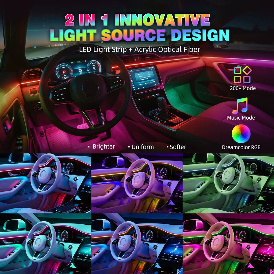 BEVINSEE 6-in-1 RGB Auto-Ambientebeleuchtung mit LED-Neon-Flex, App- und Fernbedienung, USB 12V, Multicolor - Bild 2