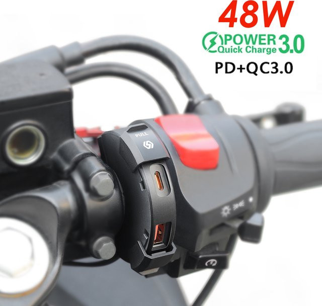 Wasserdichtes Motorrad USB Ladegerät mit 48W Quick Charge PD und QC3.0 für Lenker-Montage, Schwarz, 12V-24V Power Adapter mit USB-C - Bild 1