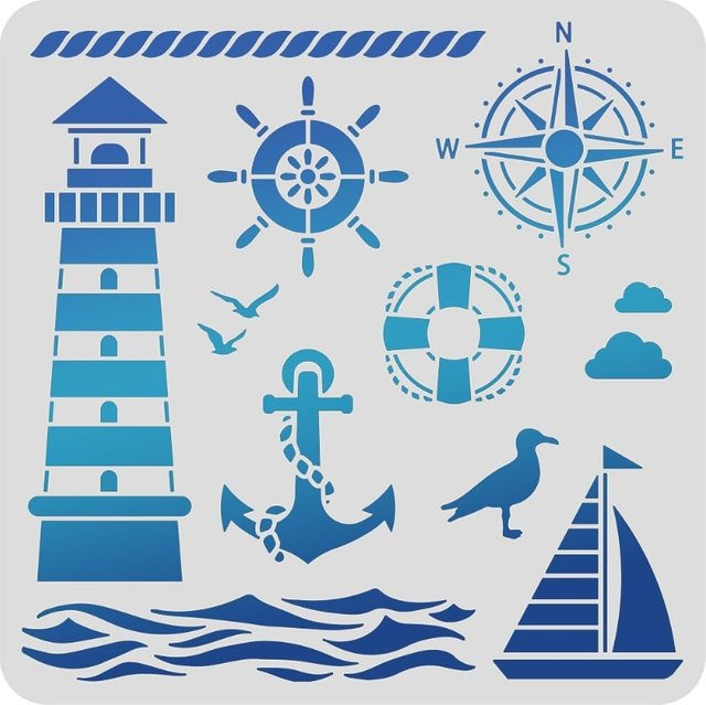 Leuchtturm Zeichenvorlage aus blauem PET-Kunststoff mit Kompass und Anker für Scrapbooking, 30 x 30 cm - Bild 1
