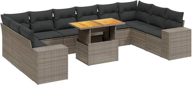 vidaXL 11-teilige Garten-Sofagarnitur in L-Form aus Polyrattan und Akazienholz mit Kissen, Grau - Bild 1