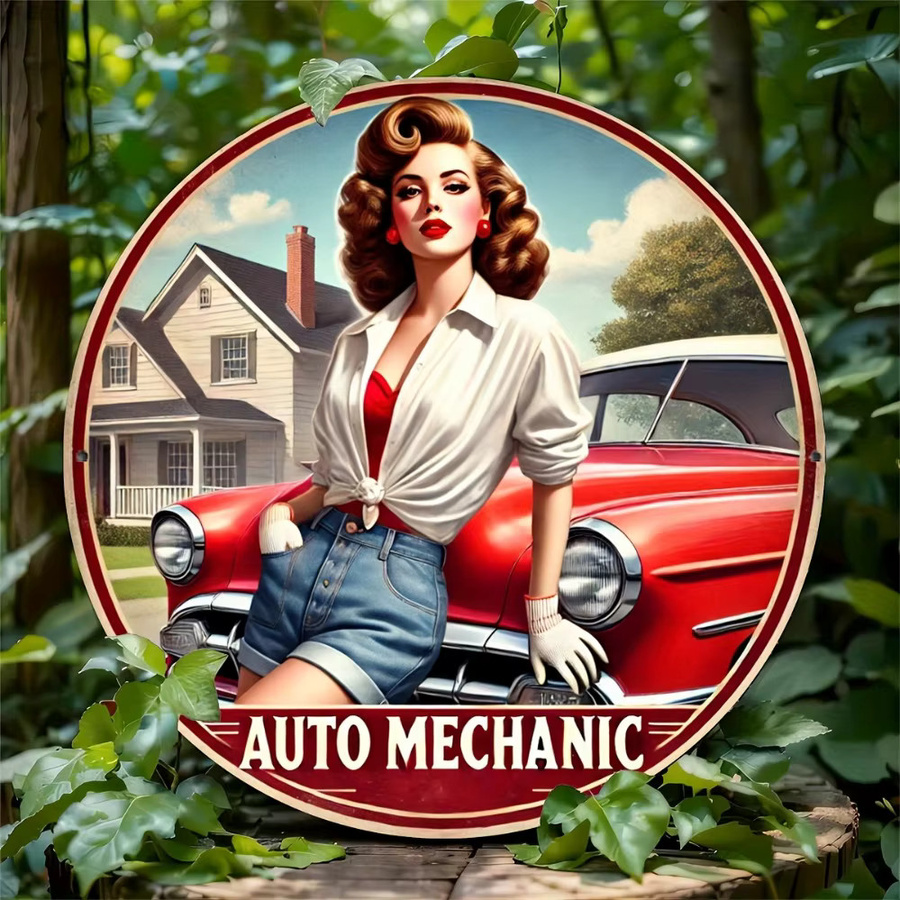 HELLOYOUNG Retro-Automechaniker Aluminiumschild Rund, Metall-Dekor-Poster in Multicolour, Durchmesser: 20 cm - Bild 4