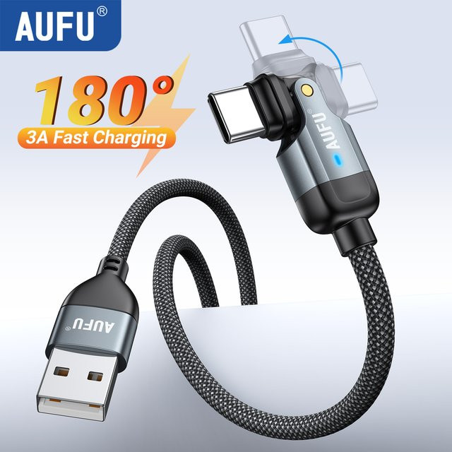 AUFU 180 Grad drehbares USB-C-Kabel in Schwarz, 5A Schnellladekabel und Datenkabel mit USB-A auf USB-C Anschluss für Xiaomi POCO und Samsung S21 S20 - Bild 1