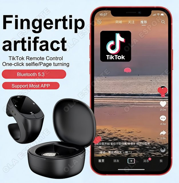 Ola Esporte Intelligenter Bluetooth Fingerring als kabellose Fernbedienung und Selfie-Maus in Schwarz zum automatischen Umblättern von Videos und Webseiten - Bild 1