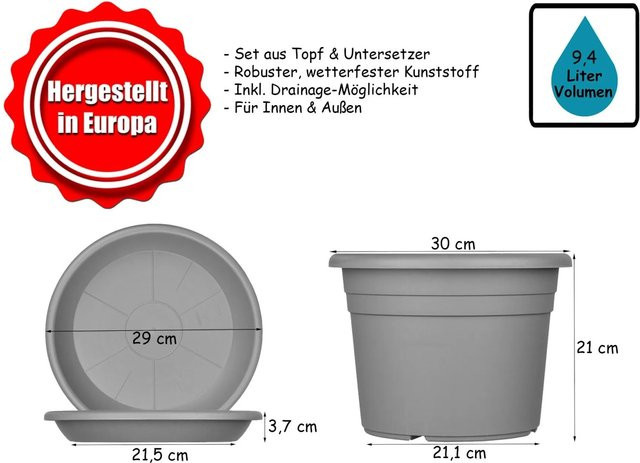 BigDean 5er Set Blumentöpfe mit Untersetzern aus Kunststoff in Anthrazit, runde Pflanzkübel Durchmesser: 30 cm, Höhe: 21 cm - Bild 1