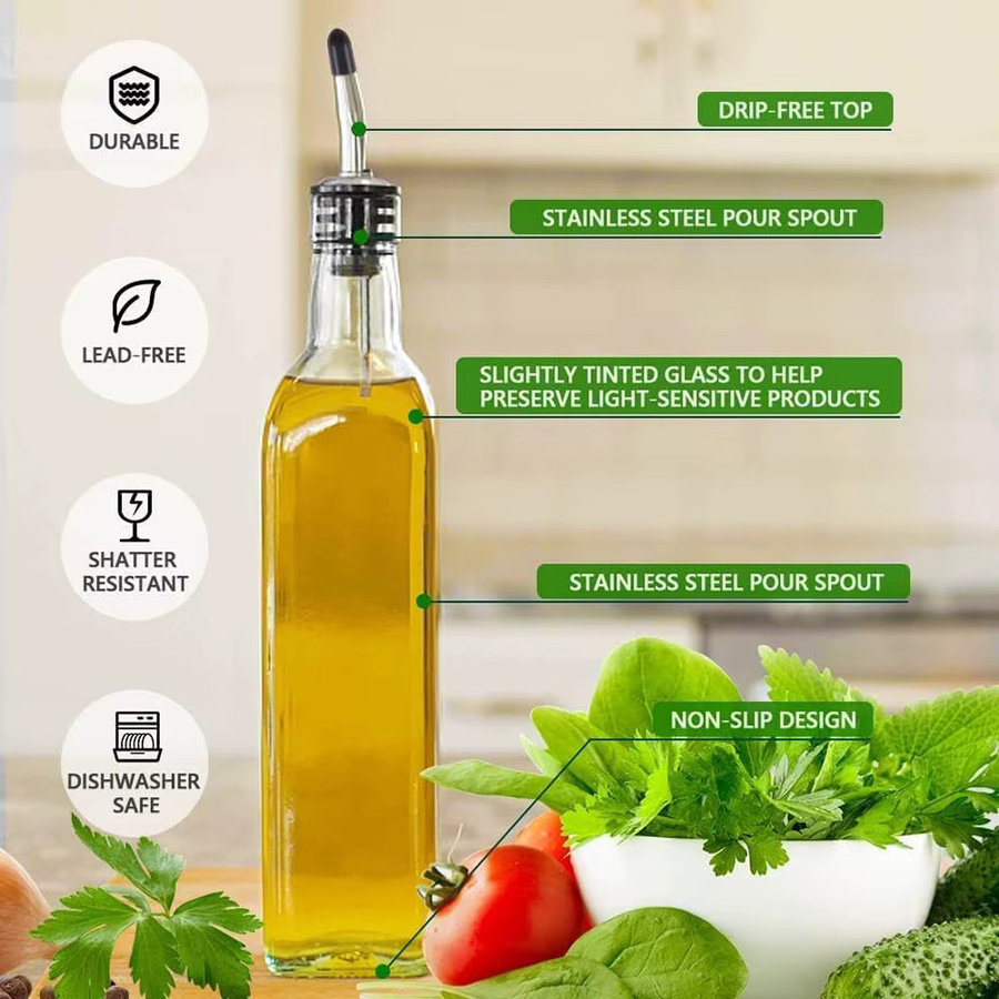 EliteHMX Olivenöl-Spenderflasche und Essigspender-Set aus Glas in Transparent und Grün mit Ausgießern, Trichter und Bürste - Bild 3