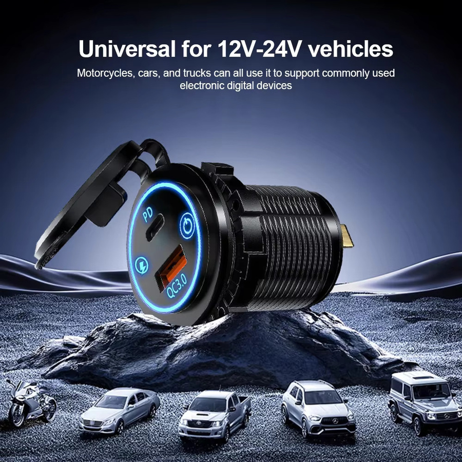 kebidumei USB-Autoladegerät-Adapter mit QC3.0 und PD 30W, Mehrfach-Port-Steckdose mit Schalter, wasserdicht, Schwarz, 12V/24V für Autos, Boote, Motorräder und LKW - Bild 2