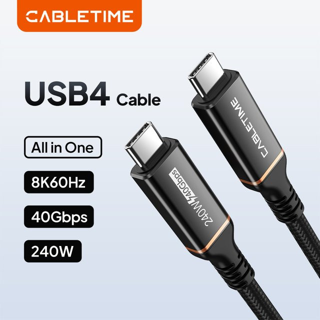 CABLETIME USB4 Kabel USB-C auf USB-C in Schwarz mit 40 Gbit/s Datenübertragung, 8K 60Hz Unterstützung und PD 240W Schnellladefunktion, kompatibel mit Thunderbolt 3/4 und MacBook - Bild 1