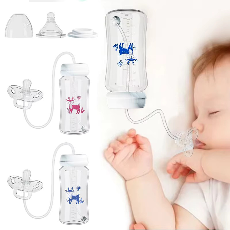SMHXIANGQIANJIN 3-in-1 Babyflasche mit Schwerkraftball und Schnuller, Weithals-Milchaufbewahrungsflasche, blau-transparent, 300 ml - Bild 2