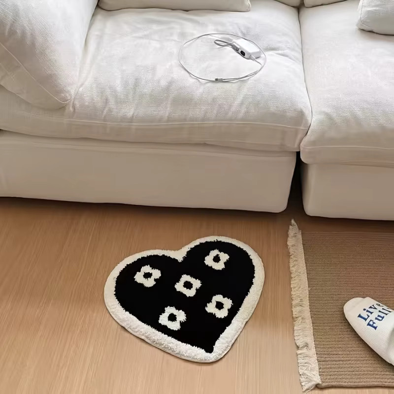 VIKAMA Plüschteppich mit Herz- und Blumenmuster in Schwarz, modernes Design für Wohnzimmer, Schlafzimmer oder Flur - Bild 3