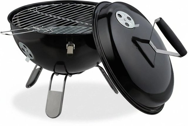 Relaxdays Kugelgrill aus Stahl in Schwarz und Silber mit Grillzange, Höhe: 42 cm, Durchmesser: 37 cm - Bild 1