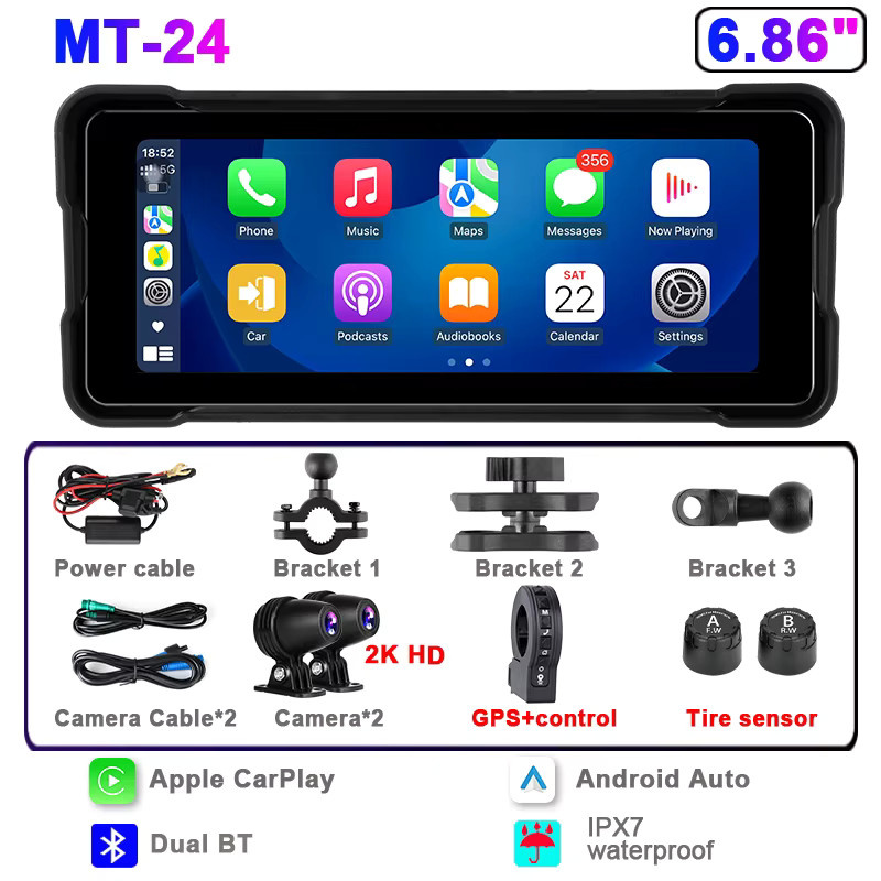 Srnubi Motorrad-Navigations-DVR mit 6,86 Zoll Display, 2K-Objektiv, IPX7 wasserdicht, kabelloser CarPlay und Android Auto mit Bluetooth und GPS, Schwarz - Bild 4