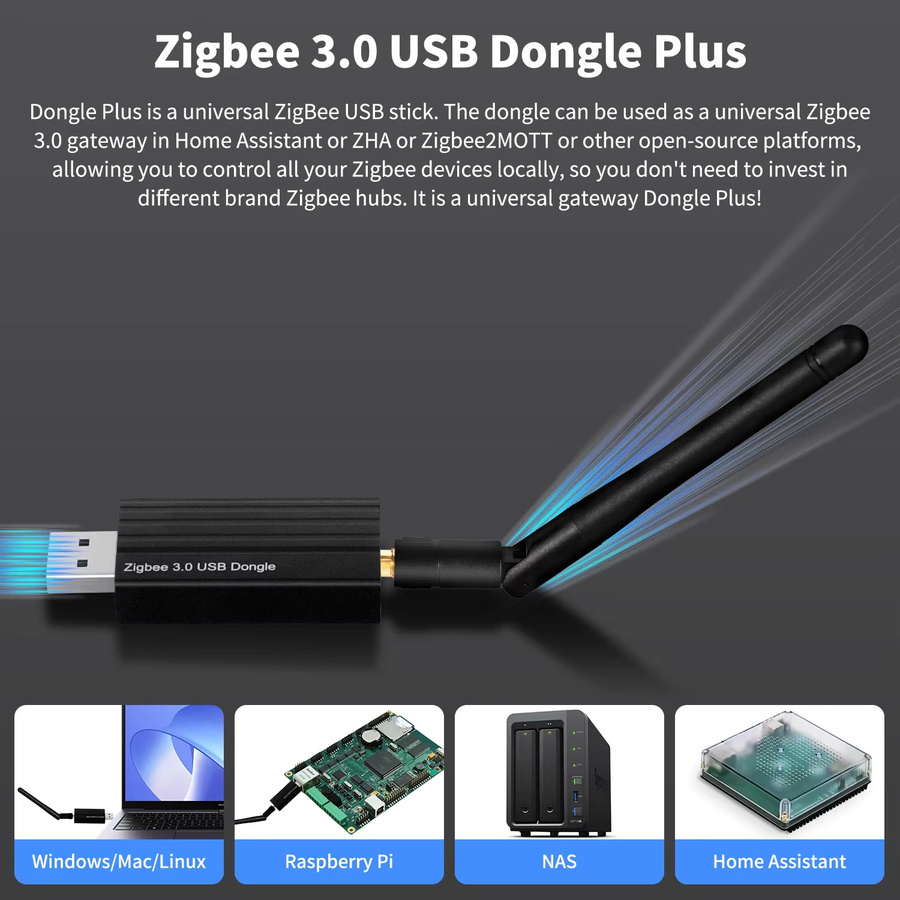 Haozee Zigbee 3.0 USB-Dongle universeller kabelloser Gateway-Hub für Hausautomation in Schwarz, kompatibel mit Home Assistant, Zigbee2MQTT, OpenHAB und Raspbian - Bild 3