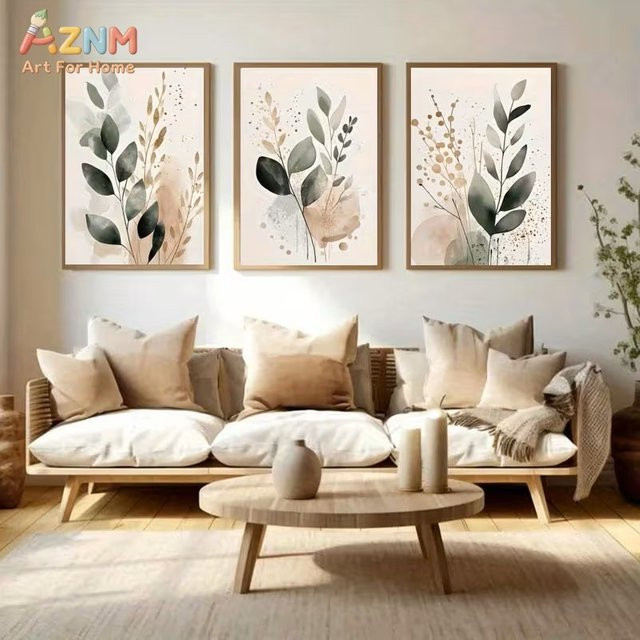 3er-Set AZNM Leinwandbilder mit Eukalyptusblättern in Salbeigrün und Beige, minimalistische Boho-Botanik-Prints im Aquarell-Stil - Bild 1