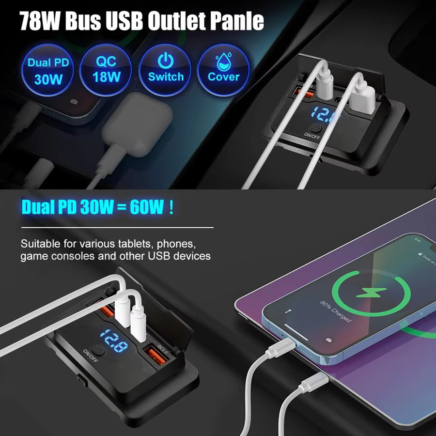 Kebidumei Dual USB-C Schnellladegerät QC3.0 PD Auto Ladegerät Panel Adapter mit Ein/Aus Schalter für 12V/24V Lkw Camper Caravan in Schwarz - Bild 2