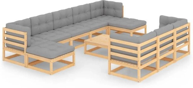 vidaXL 11-tlg. Garten-Lounge-Set in U-Form aus massivem Kiefernholz mit grauen Polsterkissen - Bild 1