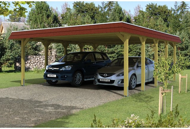 Skan Holz Doppelcarport Spreewald Walmdach aus Nadelholz mit Aluminium-Dachplatten und Blende in Rot B/T: 585 x 741 cm - Bild 1