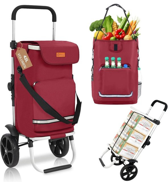 Sekey 3-in-1 Faltbarer Einkaufstrolley mit Kühlfach und Spanngurt, Rot - Bild 1