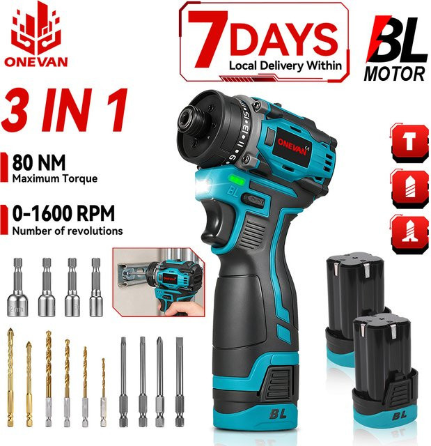 ONEVAN 3in1 Bürstenloser Akku-Schraubendreher 450 W Multifunktions-Bohrer in Blau - Bild 1