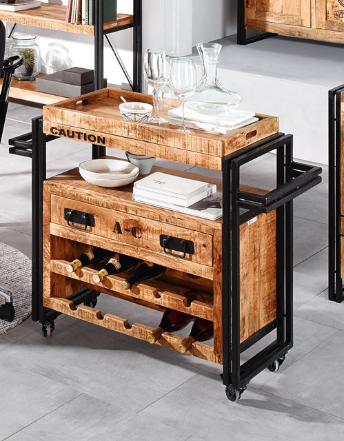 Küchenwagen Xamira von WOLFMÖBEL aus Mango-Holz und Metall in Braun im Industrial-Design mit Rollen, B/T/H: 84 x 100 x 40 cm - Bild 1