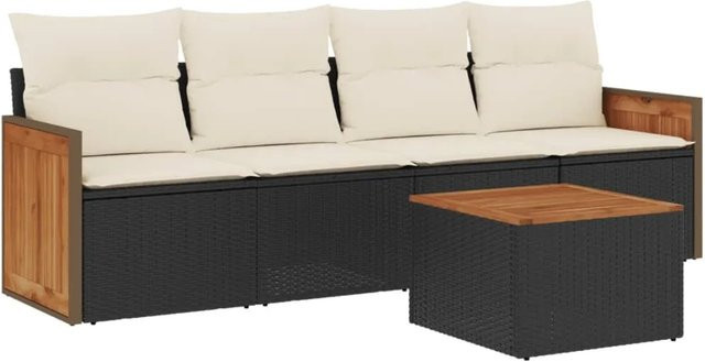 vidaXL 5-teilige Garten-Sofagarnitur aus Polyrattan in Schwarz mit Kissen und Tisch - Bild 1