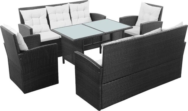vidaXL 5-tlg Garten-Lounge-Set Modell 7 aus Poly Rattan in Schwarz mit Auflagen und Glastisch - Bild 1