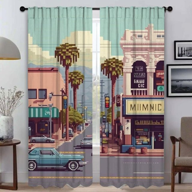 Pixel Art Städte Verdunkelungsvorhänge für Kinderzimmer und Wohnbereiche, 2er-Set, Mehrfarbig, B: 50 cm, H: 70 cm - Bild 1