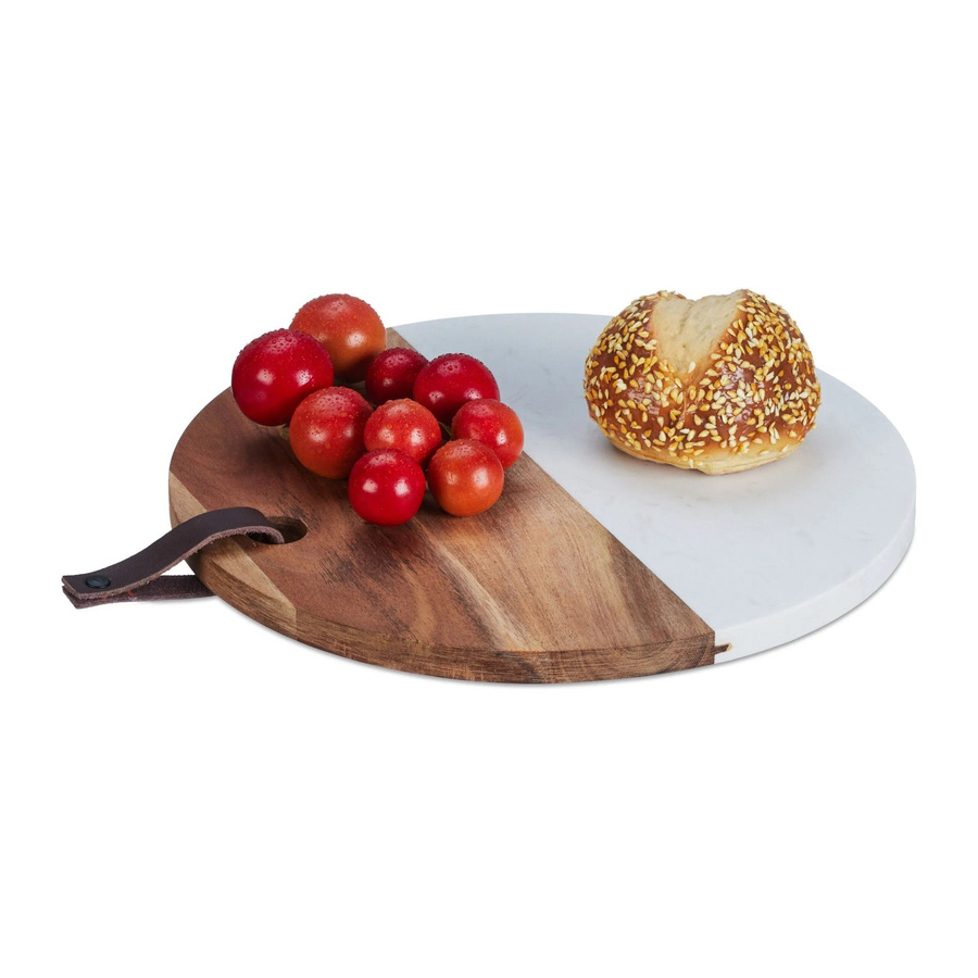 Relaxdays Schneidebrett aus Holz und Marmor in Natur Weiß mit Schlaufe, Durchmesser: 25 cm - Bild 2