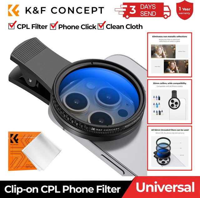 K&F CONCEPT Clip-on CPL Handyfilter-Set 52mm Zirkularer Polarisationsfilter in Schwarz für iPhone 15, 14 und 13 - Bild 1