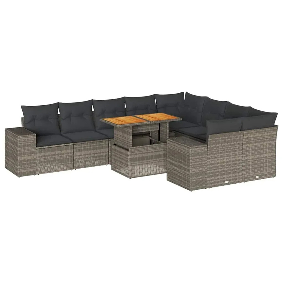 vidaXL 10-teilige Garten-Sofagarnitur aus Poly-Rattan und Akazienholz in Grau mit Kissen - Bild 2