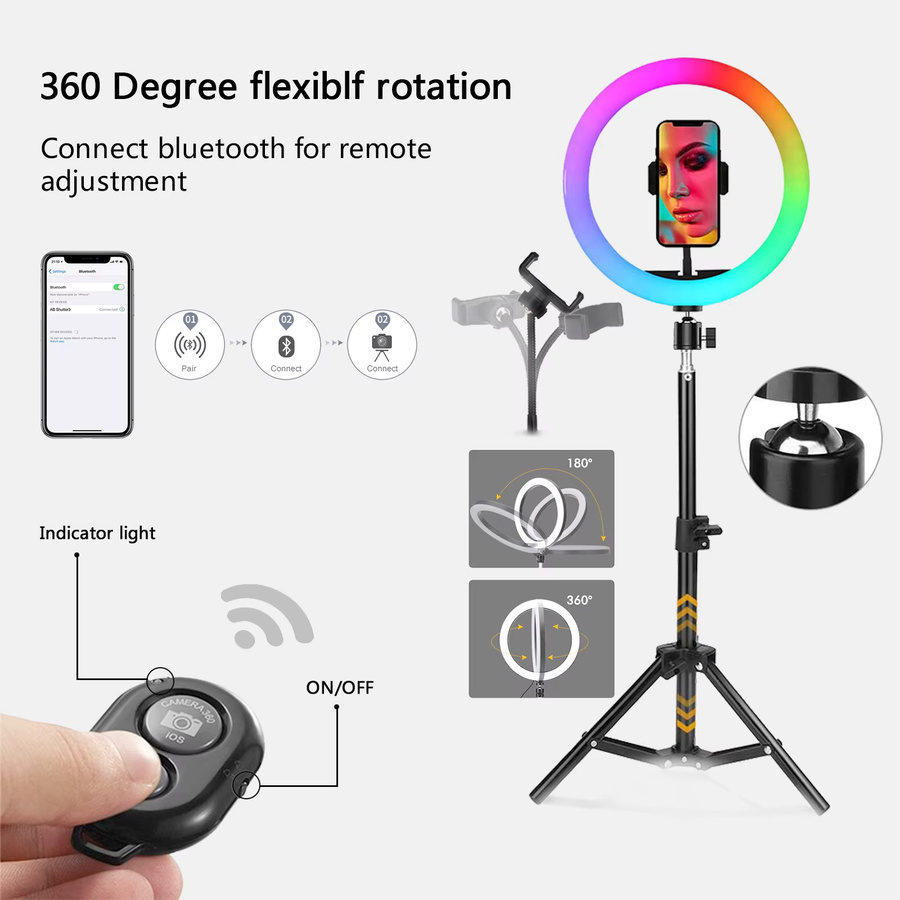 BAODELI RGB Selfie-Ringlicht mit Stativ und Handyhalterung, 30 cm LED-Fülllicht für Fotografie und Make-up - Bild 3