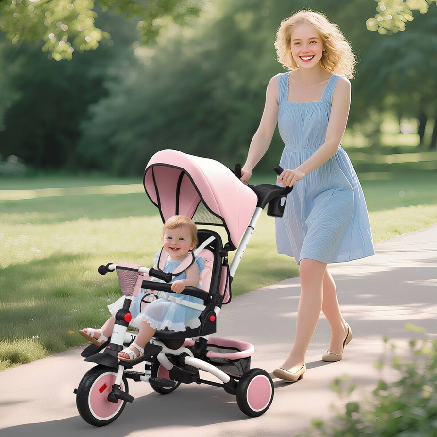 AIYAPLAY 6in1 Kinderdreirad mit Schubstange und Sonnendach, Rosa, B/H/L: 52 x 111,5 x 98 cm - Bild 7