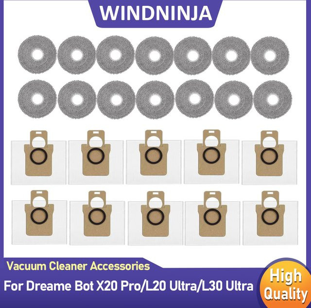 WINDNINJA Zubehör-Set für Dreame Bot X20 Pro L20 Ultra L30 Ultra Roboterstaubsauger mit Staubbeuteln und Wischpads - Bild 1