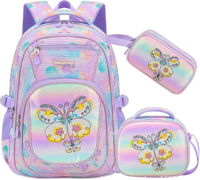 Schultaschen-Set für Mädchen mit Regenbogen-Farbverlauf und Schmetterlings-Design inklusive Brotdose und Federmäppchen, Multicolor, B/T/H: 42 x 32 x 20 cm - Bild 1
