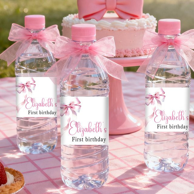 Personalisierte Wasserflaschenetiketten mit rosa Schleifen Motiv für Kindergeburtstage von joy-enlife, Farbe: Pink - Bild 1