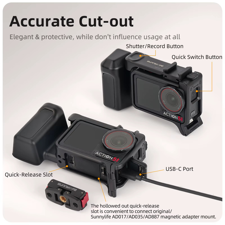 ZNTCH Straßenhandgriff-Set für DJI Osmo Action 5 Pro, 4 und 3 in Schwarz mit Griffhalterung, Schnellverschluss-Kaninchenkäfig, Auslöser und Schutzrahmen - Bild 2