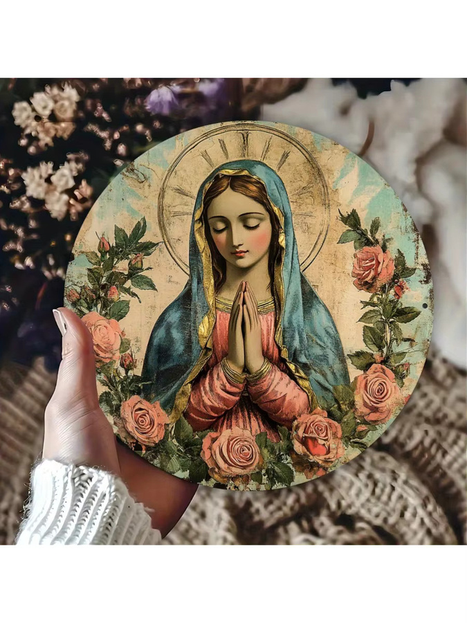 Potdemiel Rundes Metall-Kranzschild mit religiöser Ikone und betender Figur in Mehrfarbig, Durchmesser: 20 cm - Bild 5