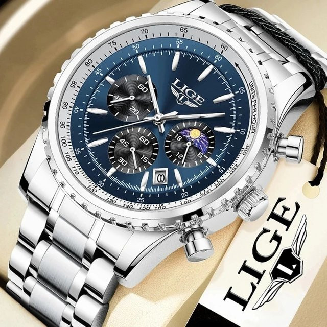 Lige Armbanduhr, Quarz, Chronograph, Edelstahl, Blau, Herren - Bild 1