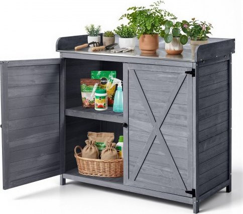 VEVOR Pflanztisch aus Tannenholz mit Metalloberfläche, Garten-Arbeitsstation und Aufbewahrungsschrank für Garten und Terrasse, Grau, Breite: 98 cm, Tiefe: 48 cm, Höhe: 95 cm - Bild 1