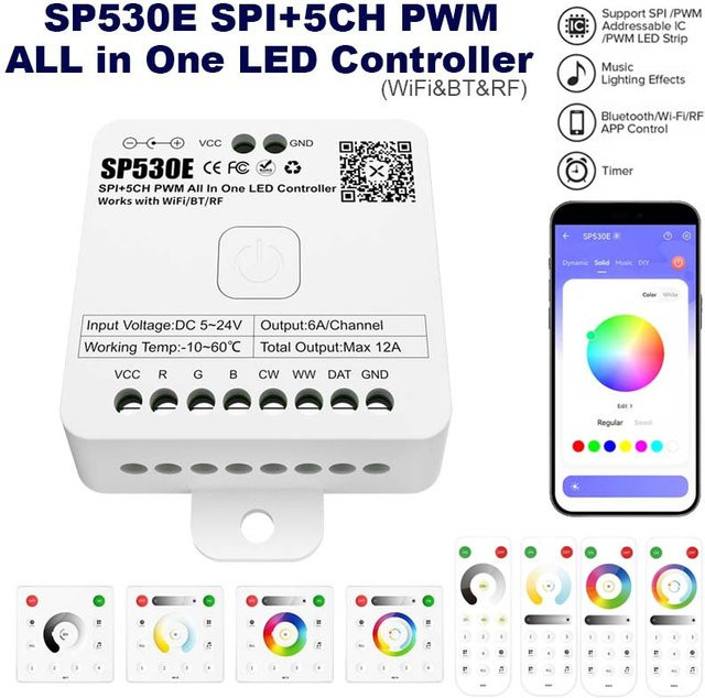 Balanx SP530E LED Controller mit WiFi, Bluetooth und RF für SK6812, WS2811 und COB 5050 Pixel, 5-24VDC, 5CH PWM mit App-, Sprach- und Fernbedienungssteuerung - Bild 1